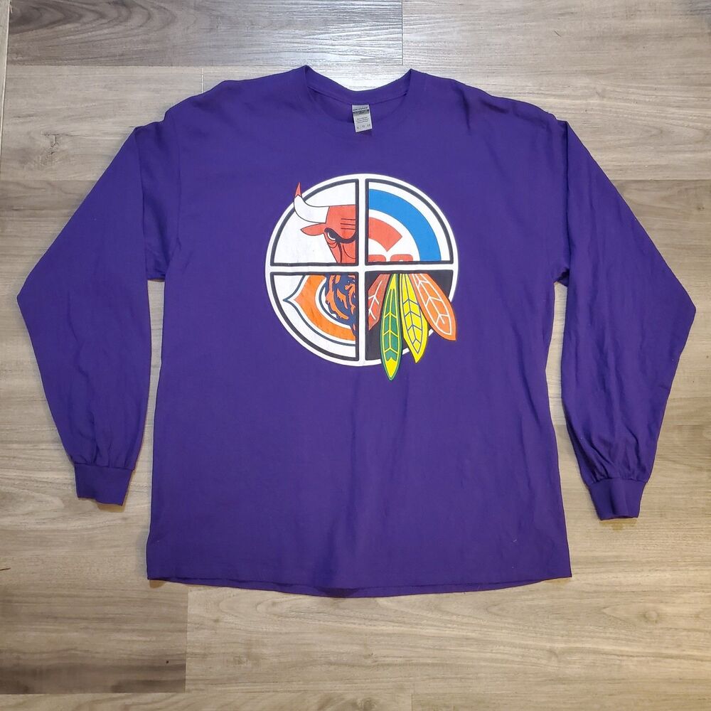 Rare Chicago Sports Teams Bears Bulls Blackhawks Long Sleeve T Shirt Mens XXL